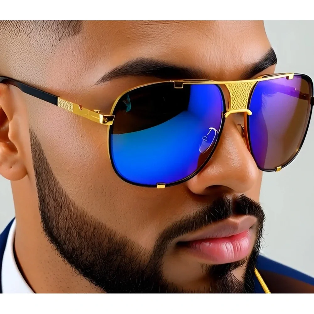 Sunglasses‎ Blue Lens Gold Accents Fashion Pilot Sun Glasses Men Street Wear New